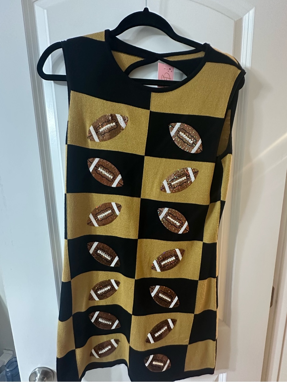 Queen of Sparkles - Checkerboard Football Sequin Shift Dress in Black & Gold